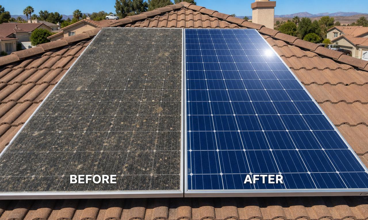 Voor en na vergelijking van zonnepanelen reiniging op een pannendak
