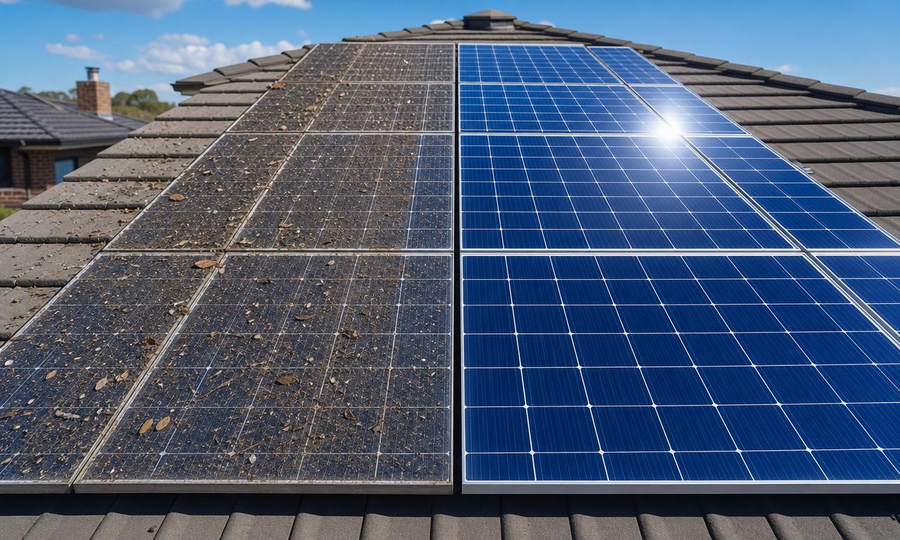 Voor en na vergelijking van zonnepanelen reiniging op een woningdak